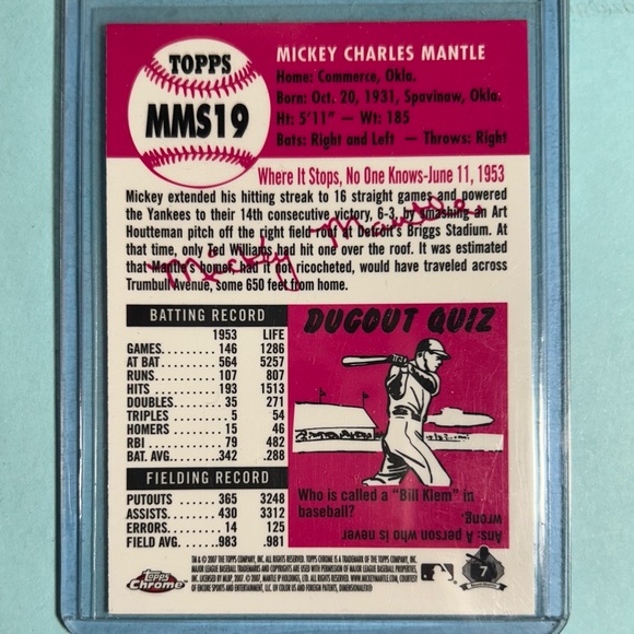 2007 Topps Chrome Mickey Mantle Story Card #MMS19 - Picture 2 of 2